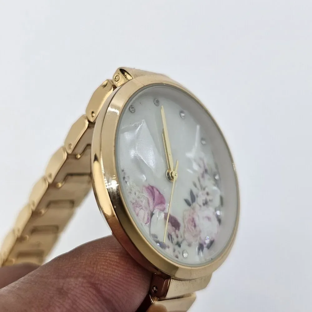 34MM Flowers Dial‎ Women's Watch Gold Tone Bracelet Band 7.25
